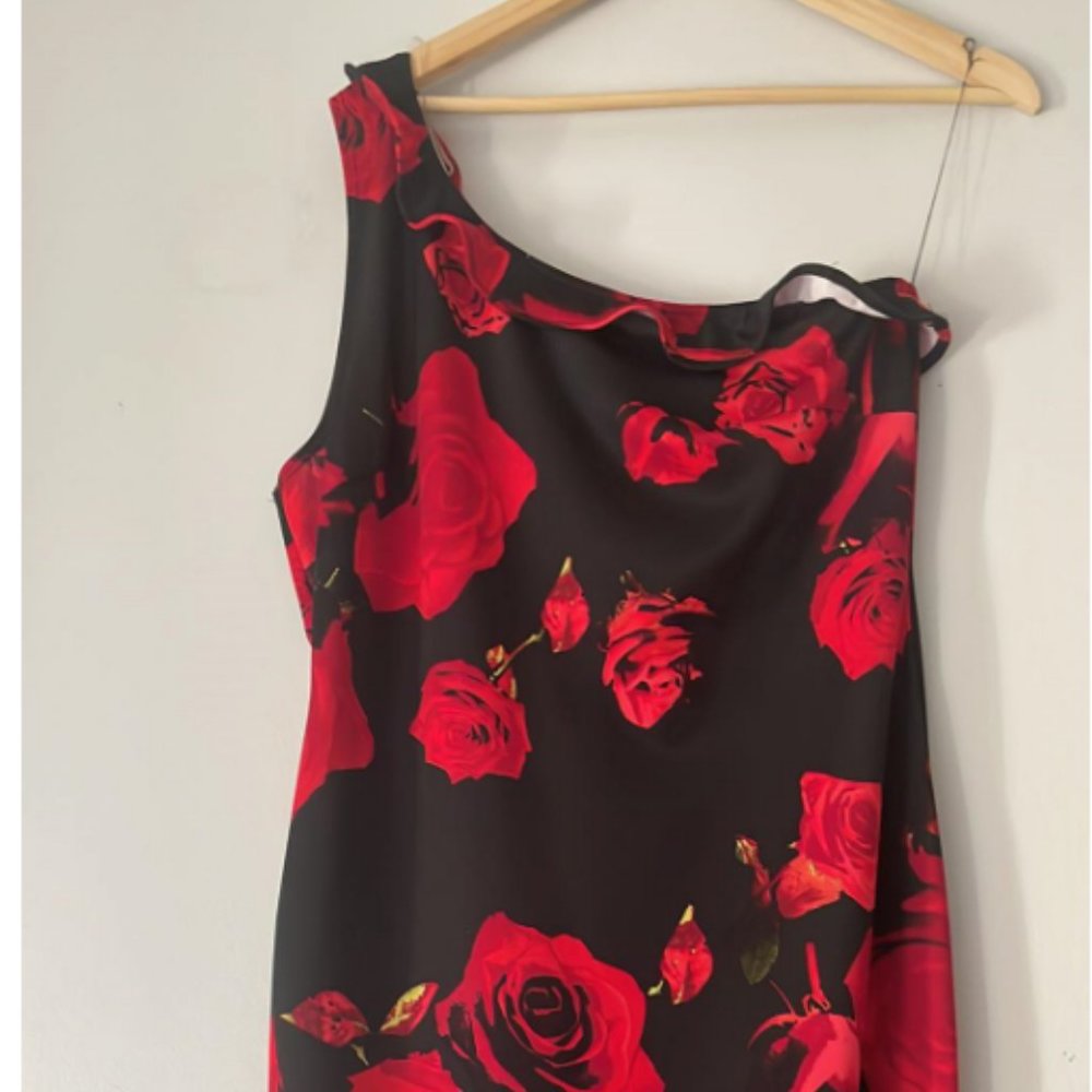 Sexy Red Rose Print One Shoulder Midi CAMEO Evening Party Bodycon Dress Size M